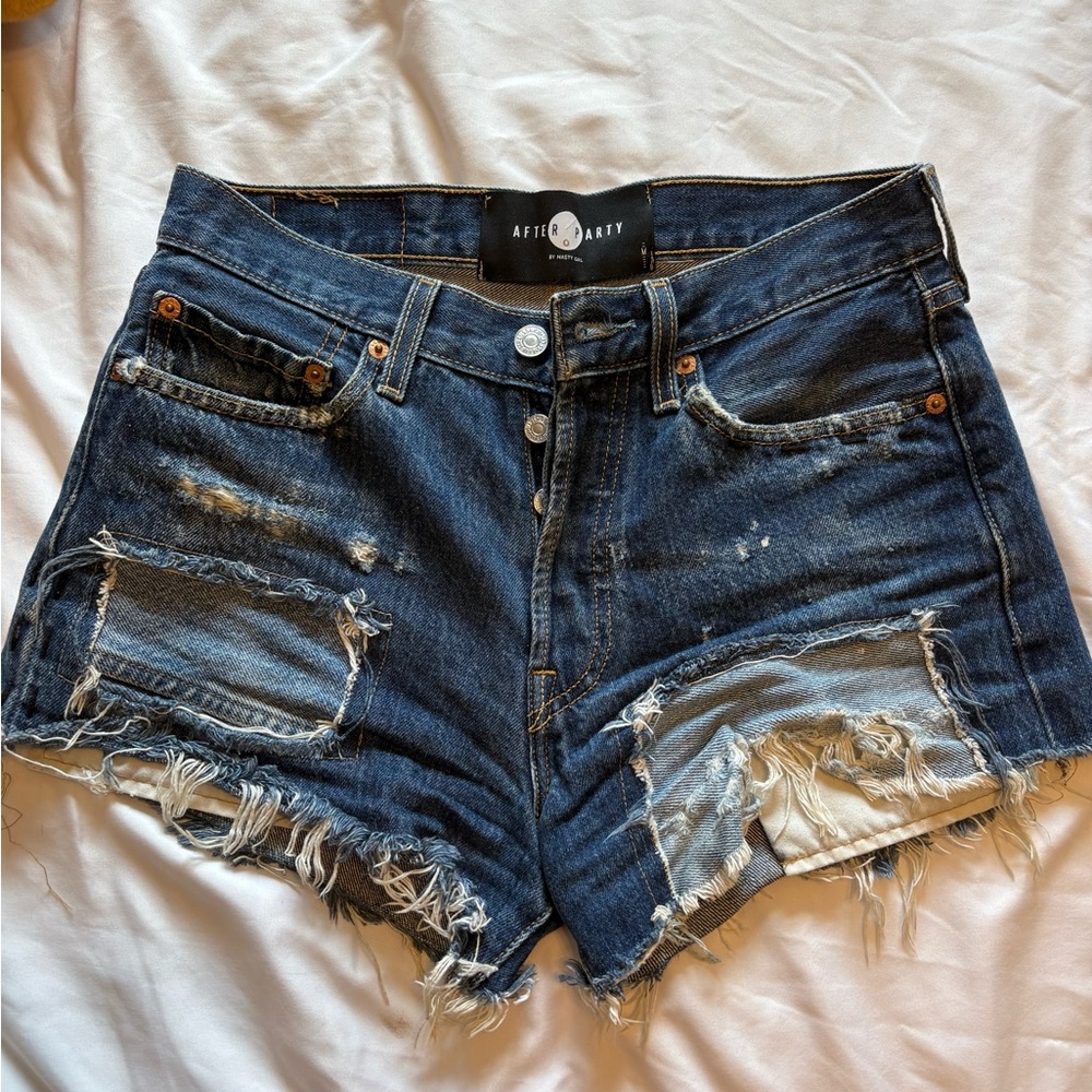 Nasty Gal Levi’s Dark Blue Distressed Cutoff Denim Shorts